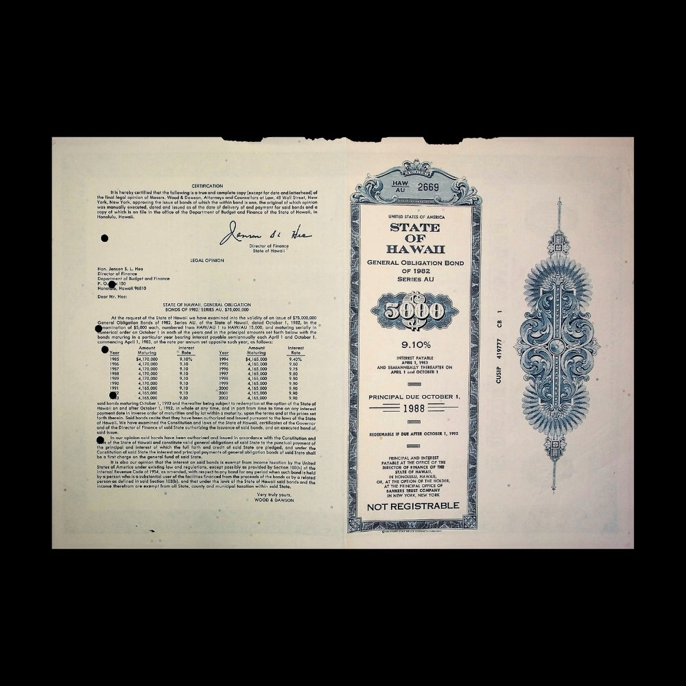 State of Hawaii Bond Certificate from 1988