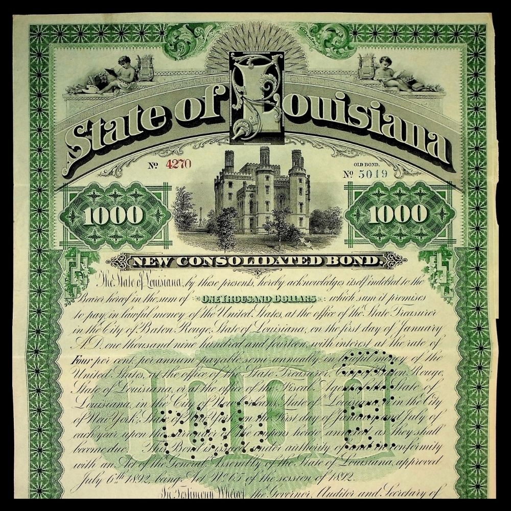 State of Louisiana Bond Certificate from 1892 Signed By Mayor Murphy J. Foster