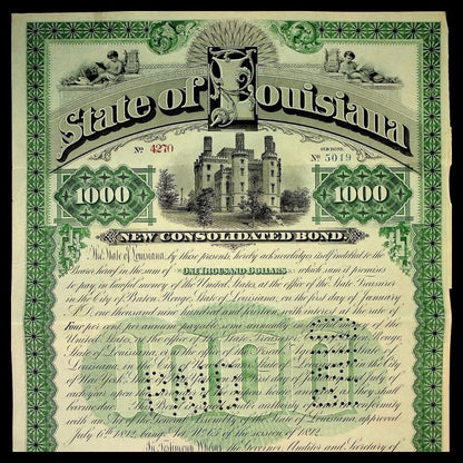 State of Louisiana Bond Certificate from 1892 Signed By Mayor Murphy J. Foster