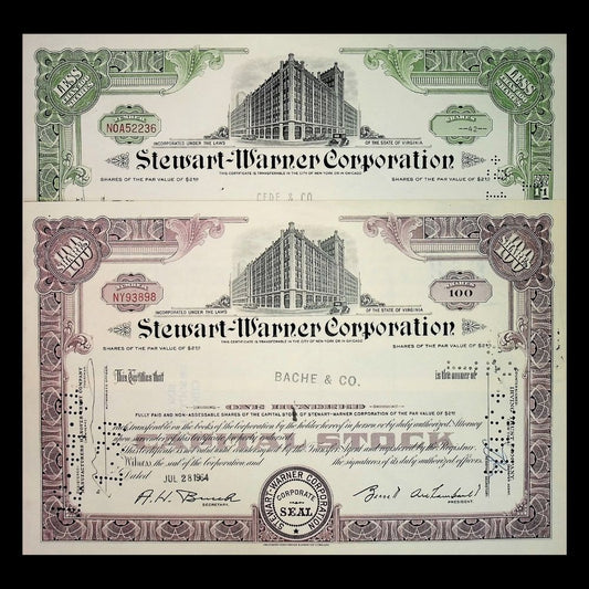 Stewart-Warner Corporation Stock Certificate from 1960s–70s