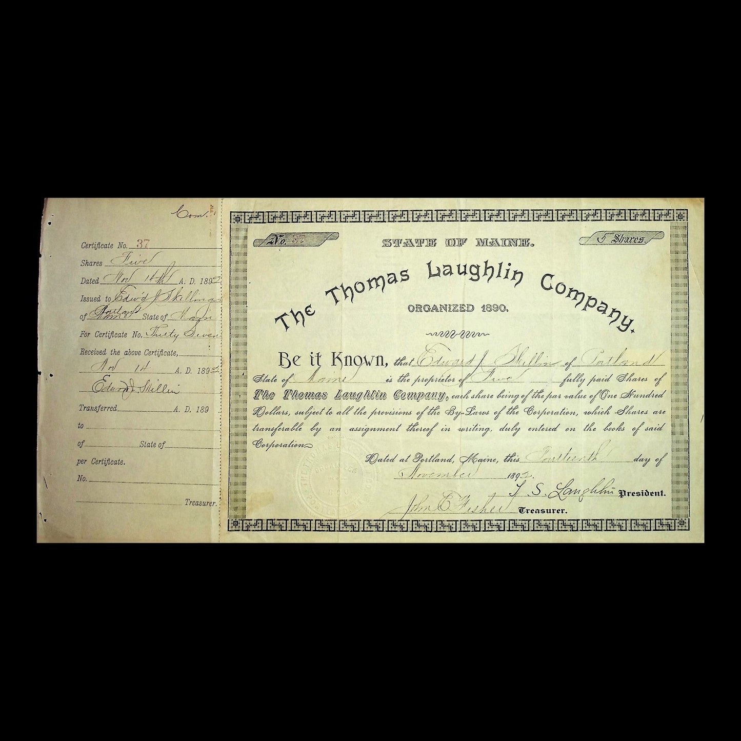 The Thomas Laughlin Company Stock Certificate (from 1891 with signatures!)