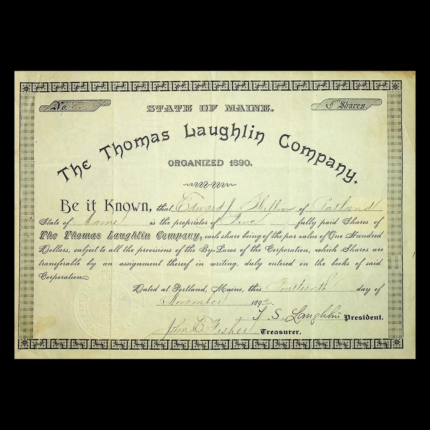 The Thomas Laughlin Company Stock Certificate (from 1891 with signatures!)