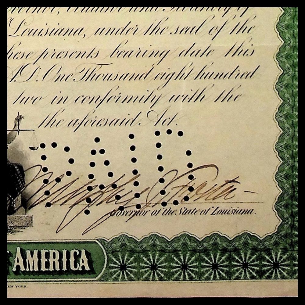 State of Louisiana Bond Certificate from 1892 Signed By Mayor Murphy J. Foster