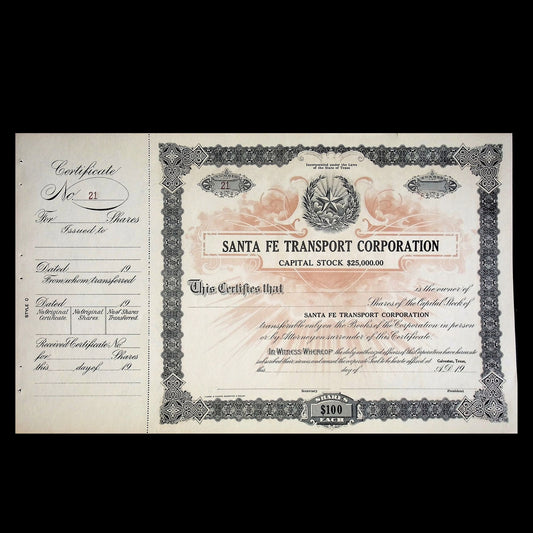 Santa Fe Transport Corporation (Texas) Unissued Stock Certificate from early 1900s