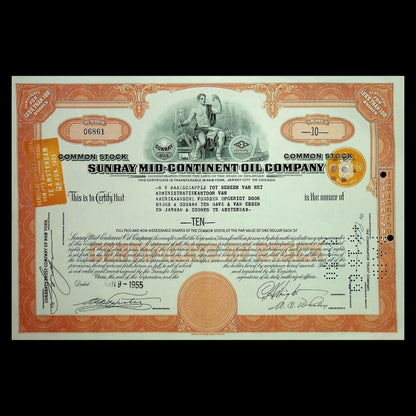 Sunray Mid-Continent Oil Company Stock Certificate from 1950s