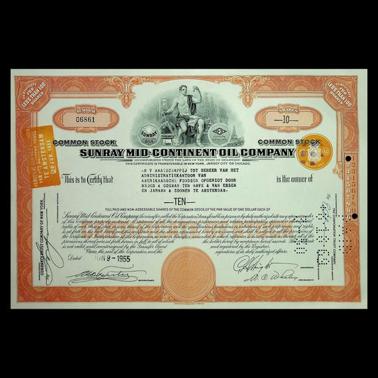 Sunray Mid-Continent Oil Company Stock Certificate from 1950s