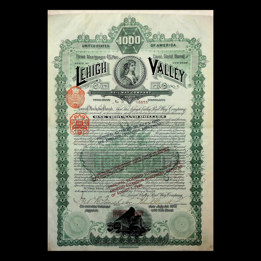 The Lehigh Valley Railway Company (Route of the Black Diamond) Gold Bond Certificate from 1890