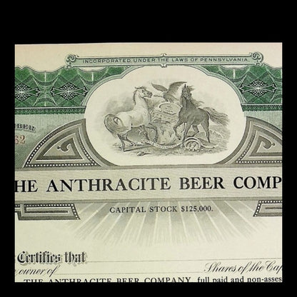 The Anthracite Beer Company Stock Certificate from 1900