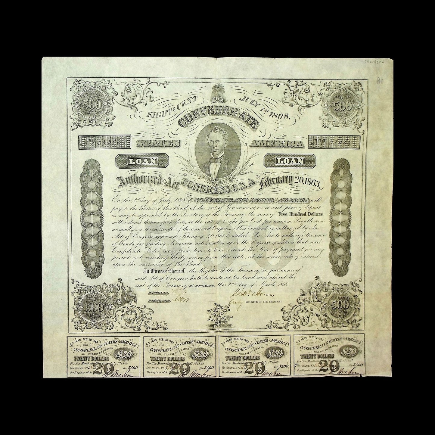 Confederate States of America — $500 Bond (1863)