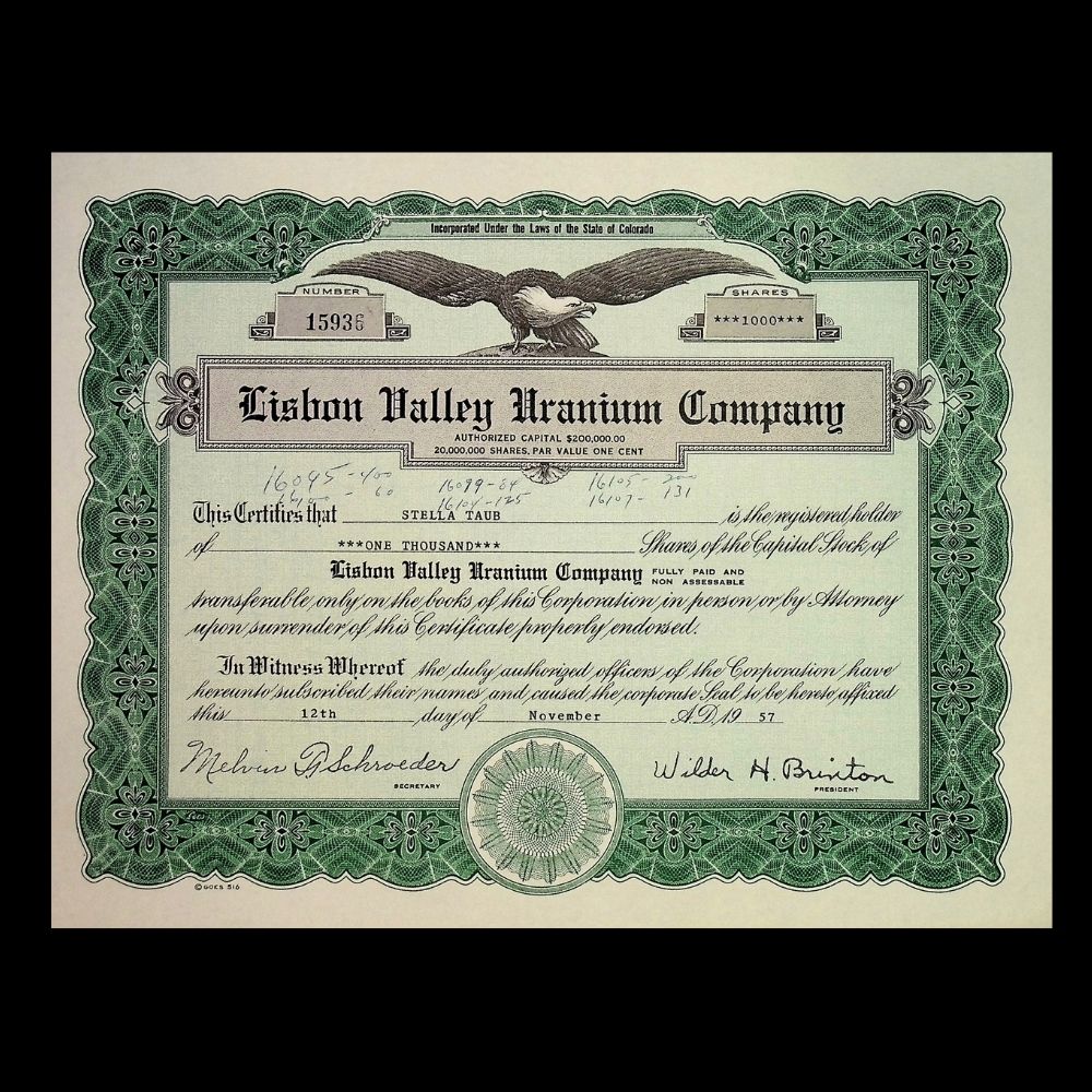 Lisbon Valley (Utah) Uranium Company Stock Certificate from 1950s