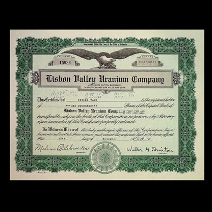 Lisbon Valley (Utah) Uranium Company Stock Certificate from 1950s
