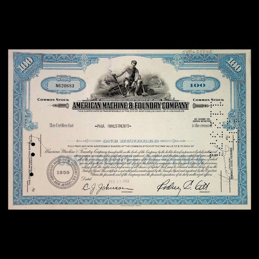 American Machine and Foundry (AMF Bowling) Company Stock Certificate from 1960s–70s