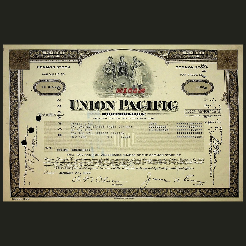 Union Pacific Railroad Stock Certificate from 70s 80s Ticker History