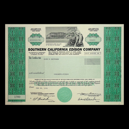 Southern California Edison Company Stock Certificate (green & turquoise)