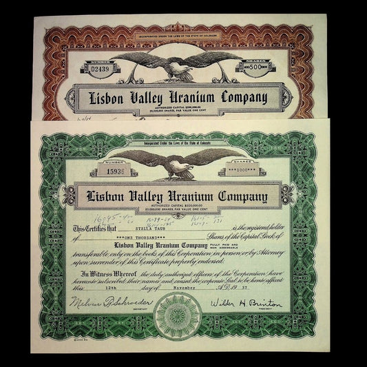 Lisbon Valley (Utah) Uranium Company Stock Certificate from 1950s
