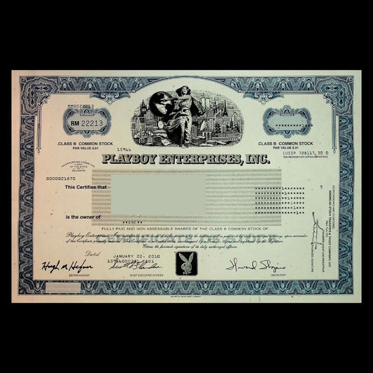 Playboy Enterprises, Inc. stock certificate with decorative border and logo twin towers. 2010