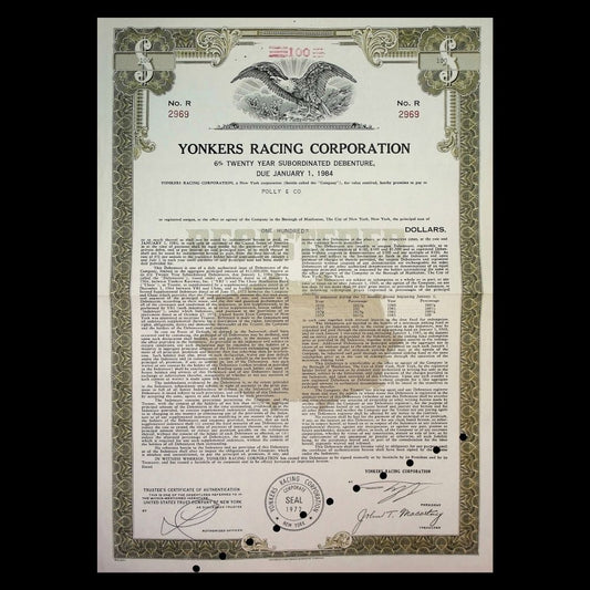 Yonkers Racing Corporation (Empire City Casino) Bond Certificate from 1972