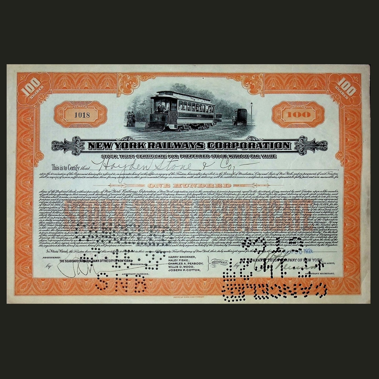 New York Railways Corporation Stock Certificate from 1920s