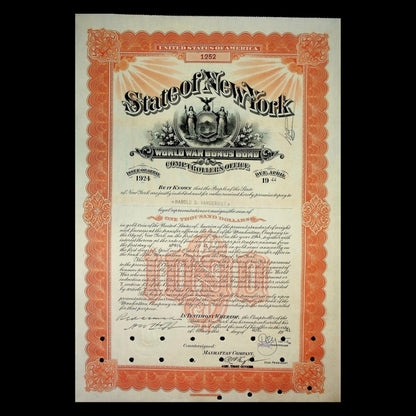 State of New York World War Bonus Bond (issued to Harold S. Vanderbilt) – New York, 1941 (Orange)