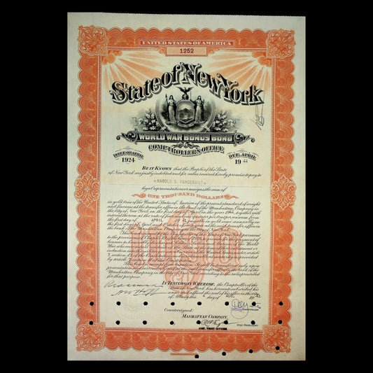 State of New York World War Bonus Bond (issued to Harold S. Vanderbilt) – New York, 1941 (Orange)