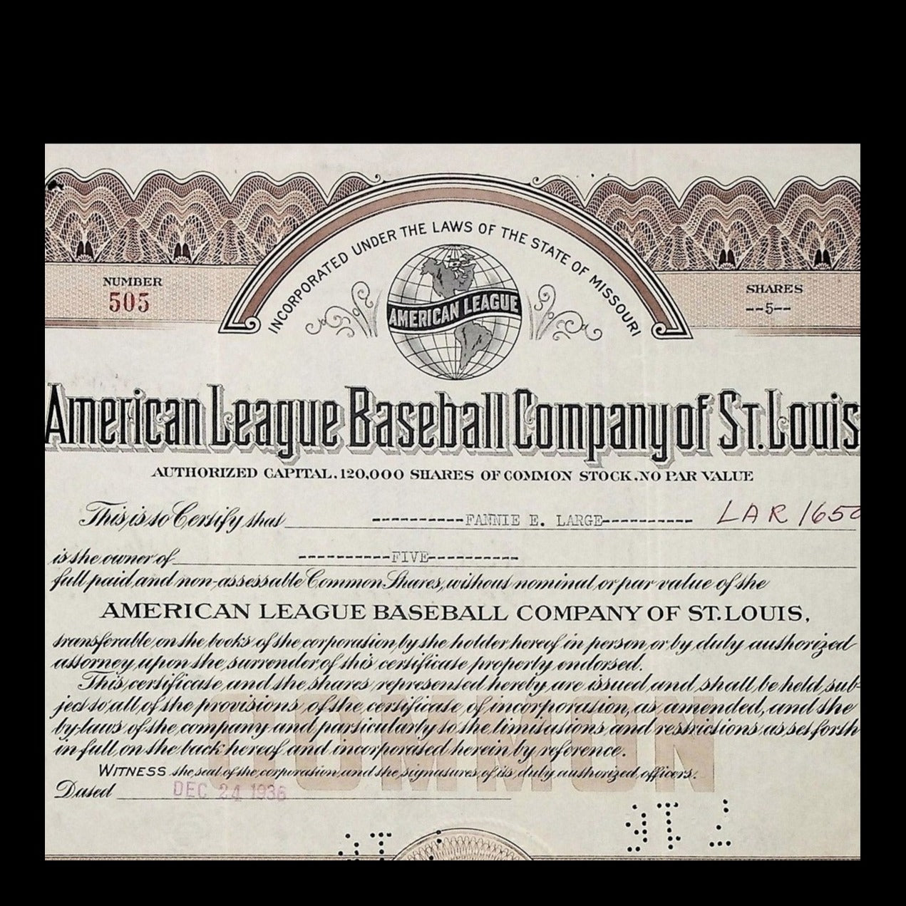 American League Baseball Company of St. Louis Stock from 1936 now Baltimore Orioles