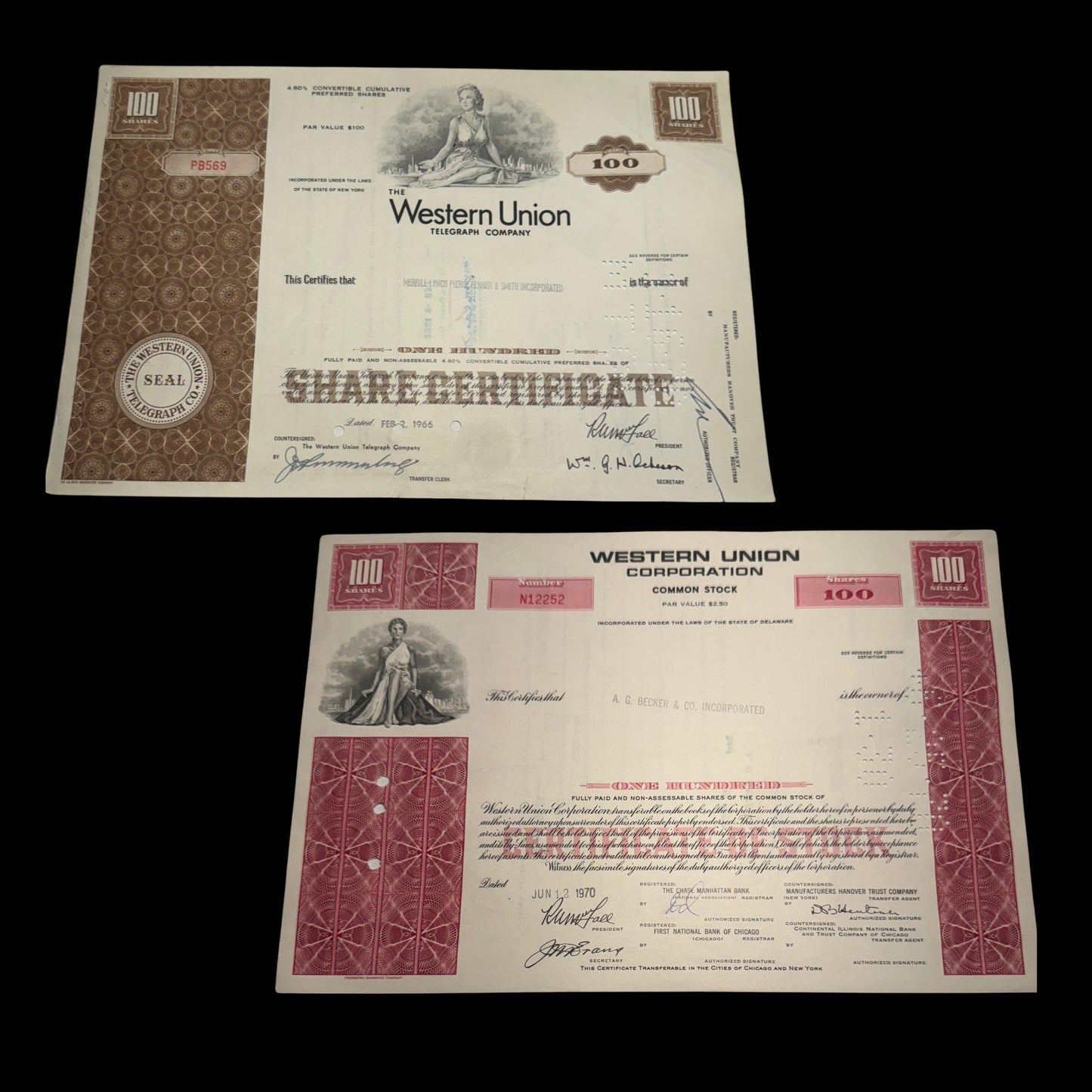 Western Union Telegraph Company Stock Certificate from 1960s - Red/Brown