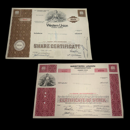 Western Union Telegraph Company Stock Certificate from 1960s - Red/Brown