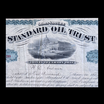 Standard Oil Trust Stock Certificate signed by John D Rockefeller and Henry Flagler from 1882