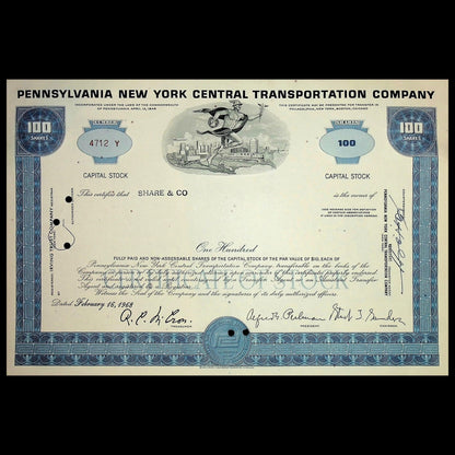 Pennsylvania New York Central Transportation Company (blue or red) Stock Certificate from 1960s