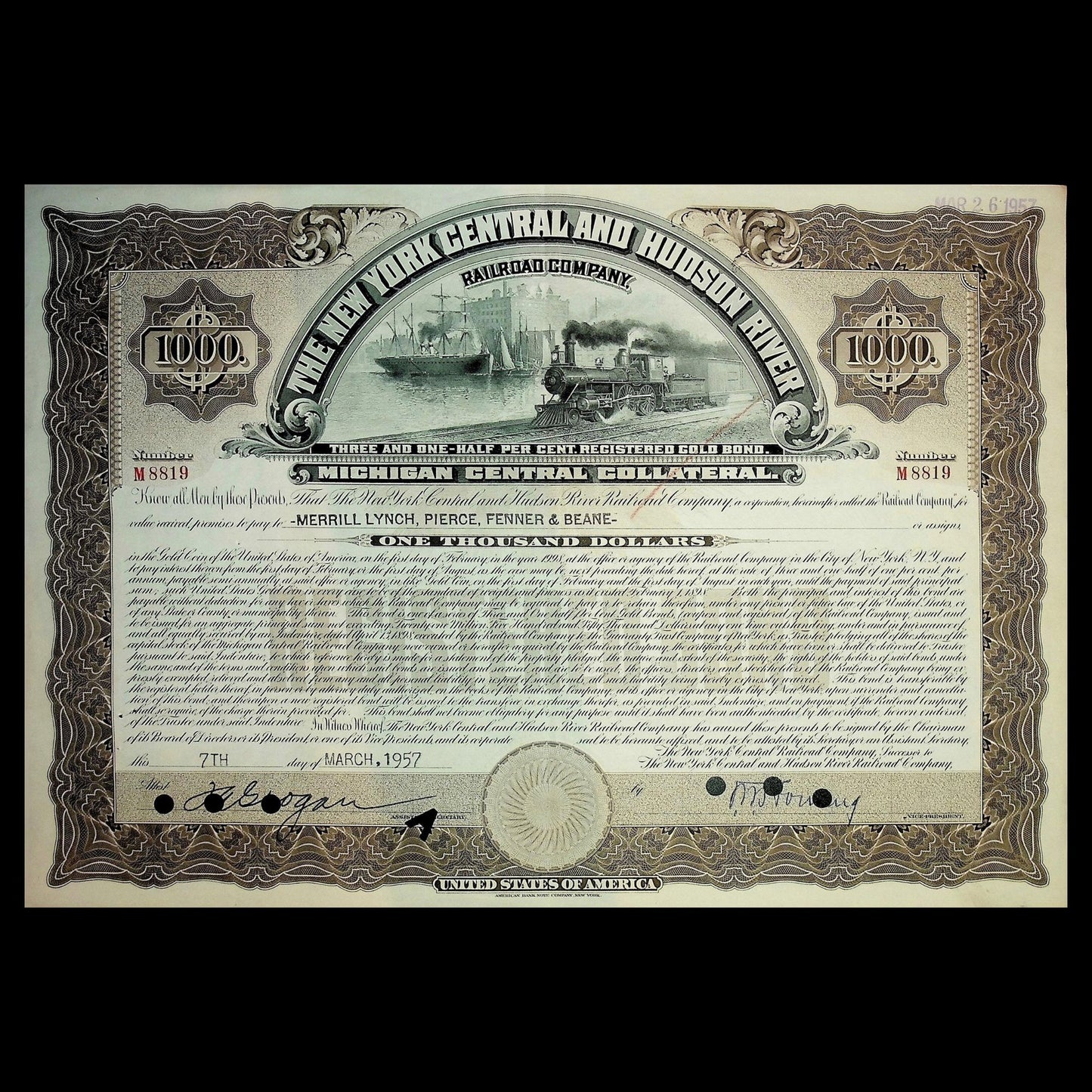 Large New York Central and Hudson River Railroad Company Bonds from 1950s (6 color options)