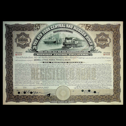 Large New York Central and Hudson River Railroad Company Bonds from 1950s (6 color options)