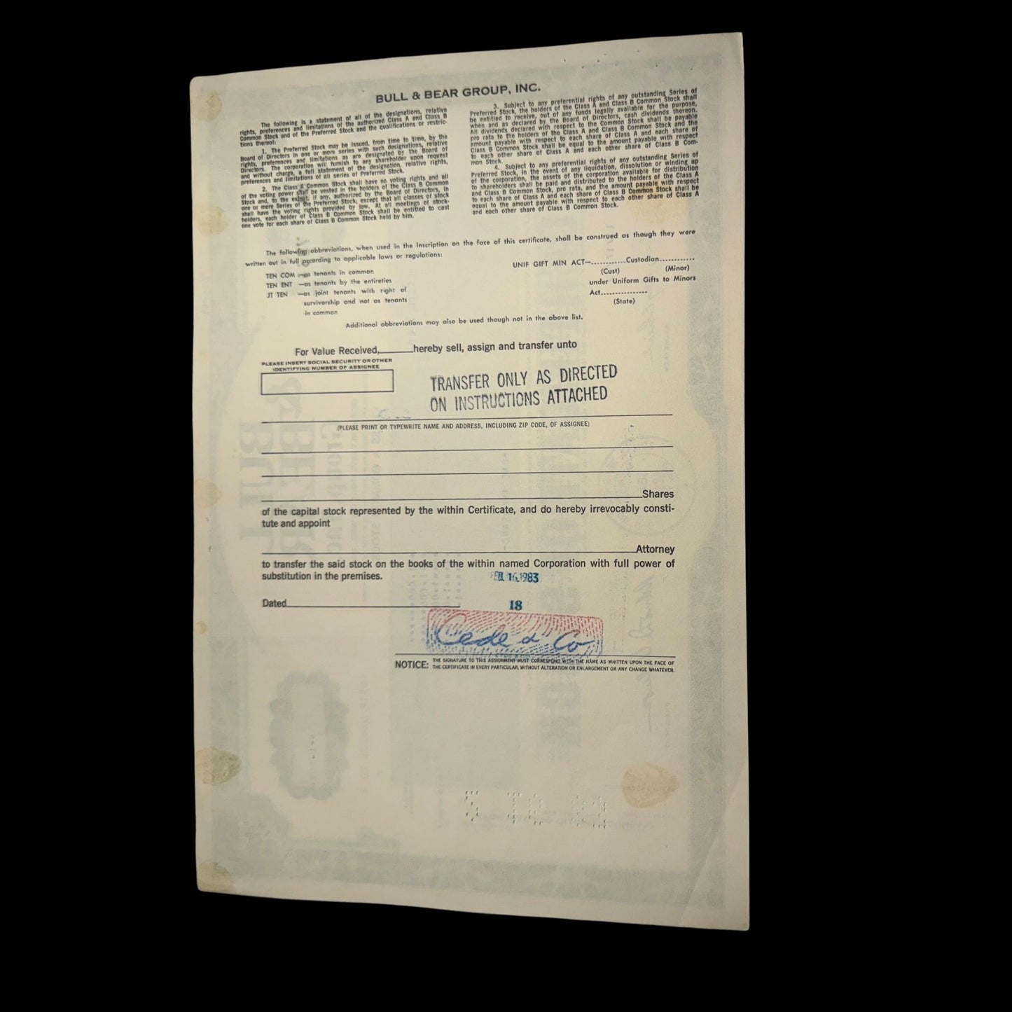 Bull & Bear Group Inc (now Winmill & Co) Stock Certificate from 1980s