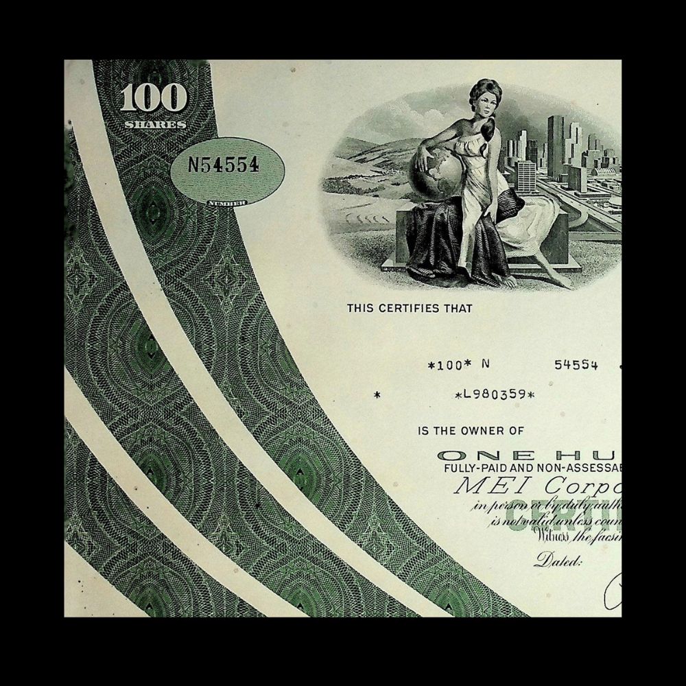 MEI Corporation Stock Certificate from 1980s (Twin City Rapid Transit)