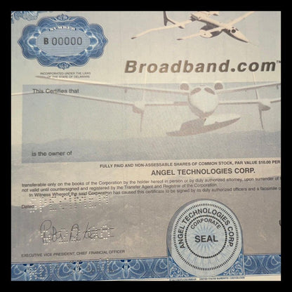 Broadband.com (Angel Technologies) Specimen Stock Certificate from 2000s