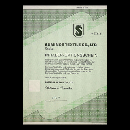 SUMINOE Textile Co, Ltd (Japan) German Warrant Certificate from 1988