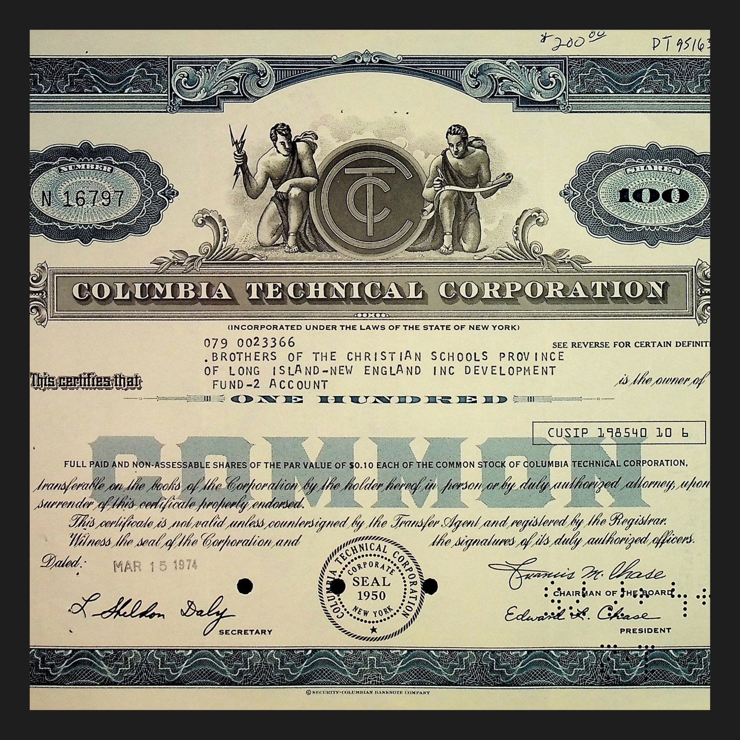 Columbia Technical Corporation Stock Certificate from 1970s