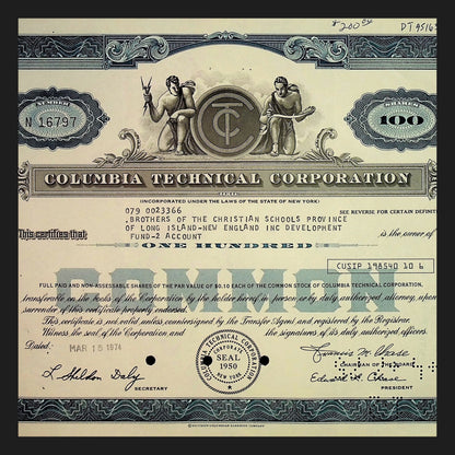 Columbia Technical Corporation Stock Certificate from 1970s