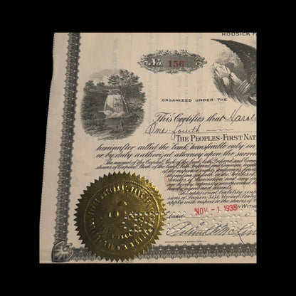 The People's First National Bank of Hoosick Falls (New York) Stock Certificate from 1953