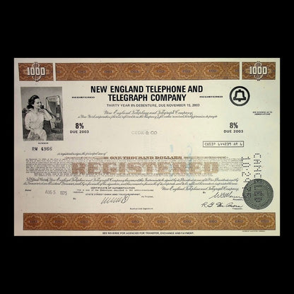 New England Telephone and Telegraph Company Stock Certificate from 1970s – Multi-Color