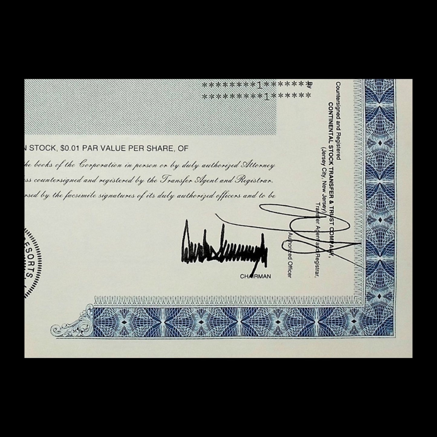 Trump Hotels & Casino Resorts Inc, Original and Rare Issued Stock Certificate from 2004 with Donald Trump portrait and printed signature