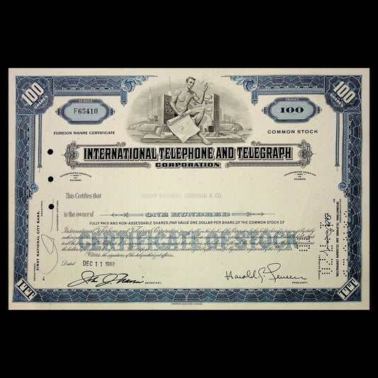 International Telephone and Telegraph Company Stock Certificate from 1960s