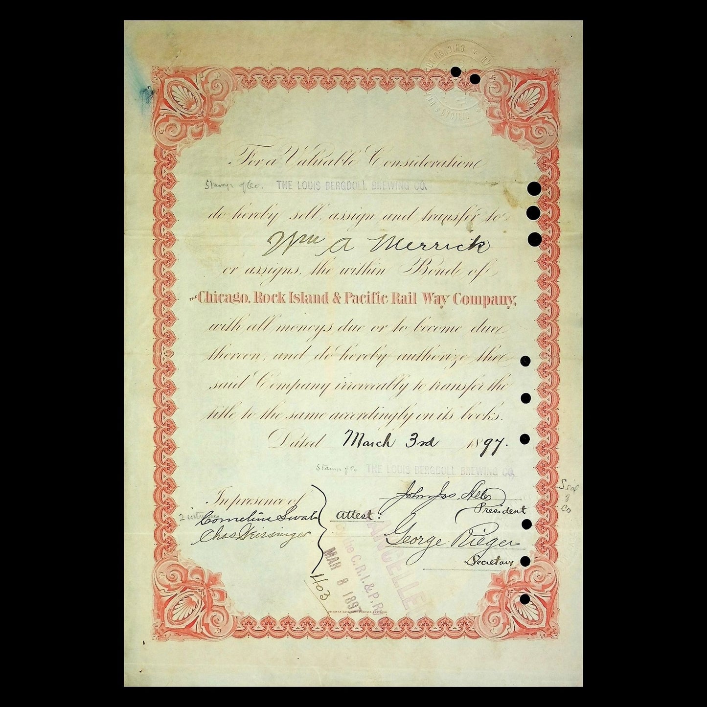 Chicago, Rock Island and Pacific Railroad Bond from 1890s