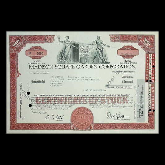 Madison Square Garden (MSG) Stock Certificate from 1970s - NY Rangers & Knicks