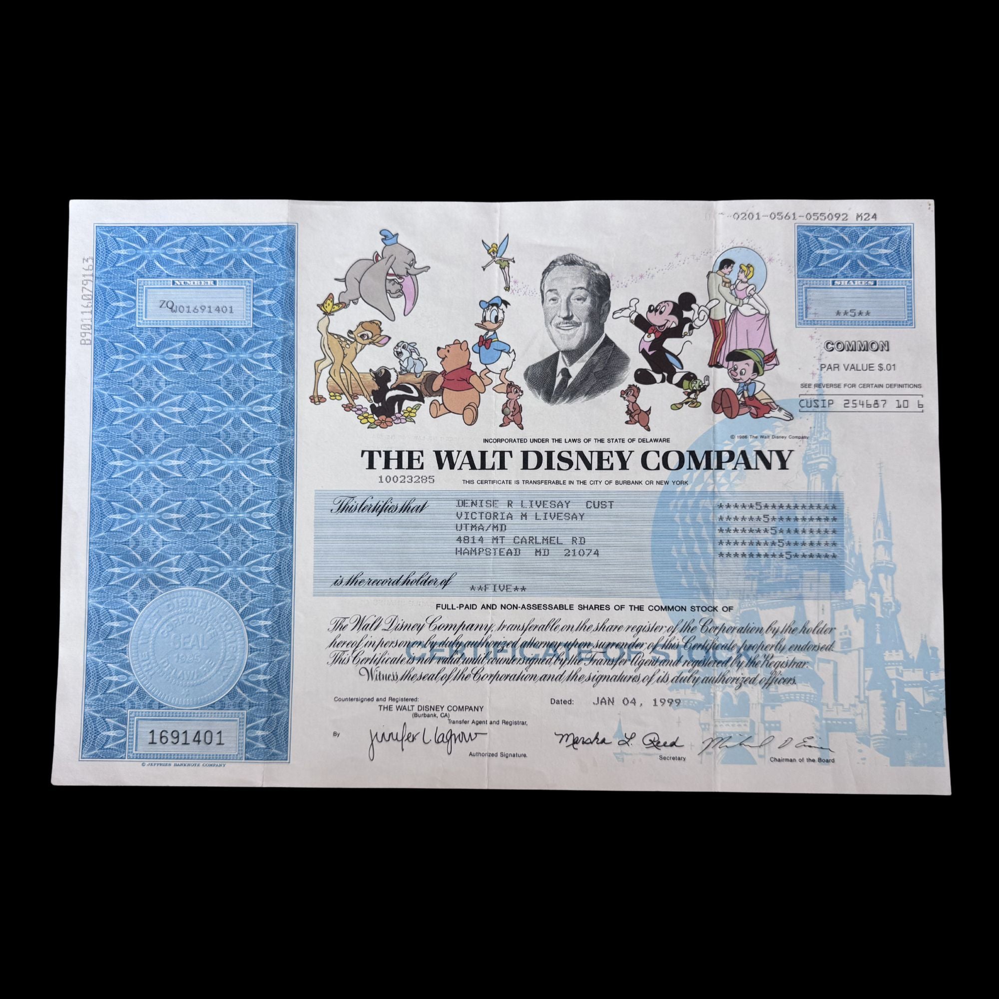 The Walt Disney Company Stock Certificate from 1990s with Mickey