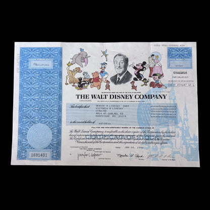 The Walt Disney Company Stock Certificate from 1990s with Mickey Mouse and friends