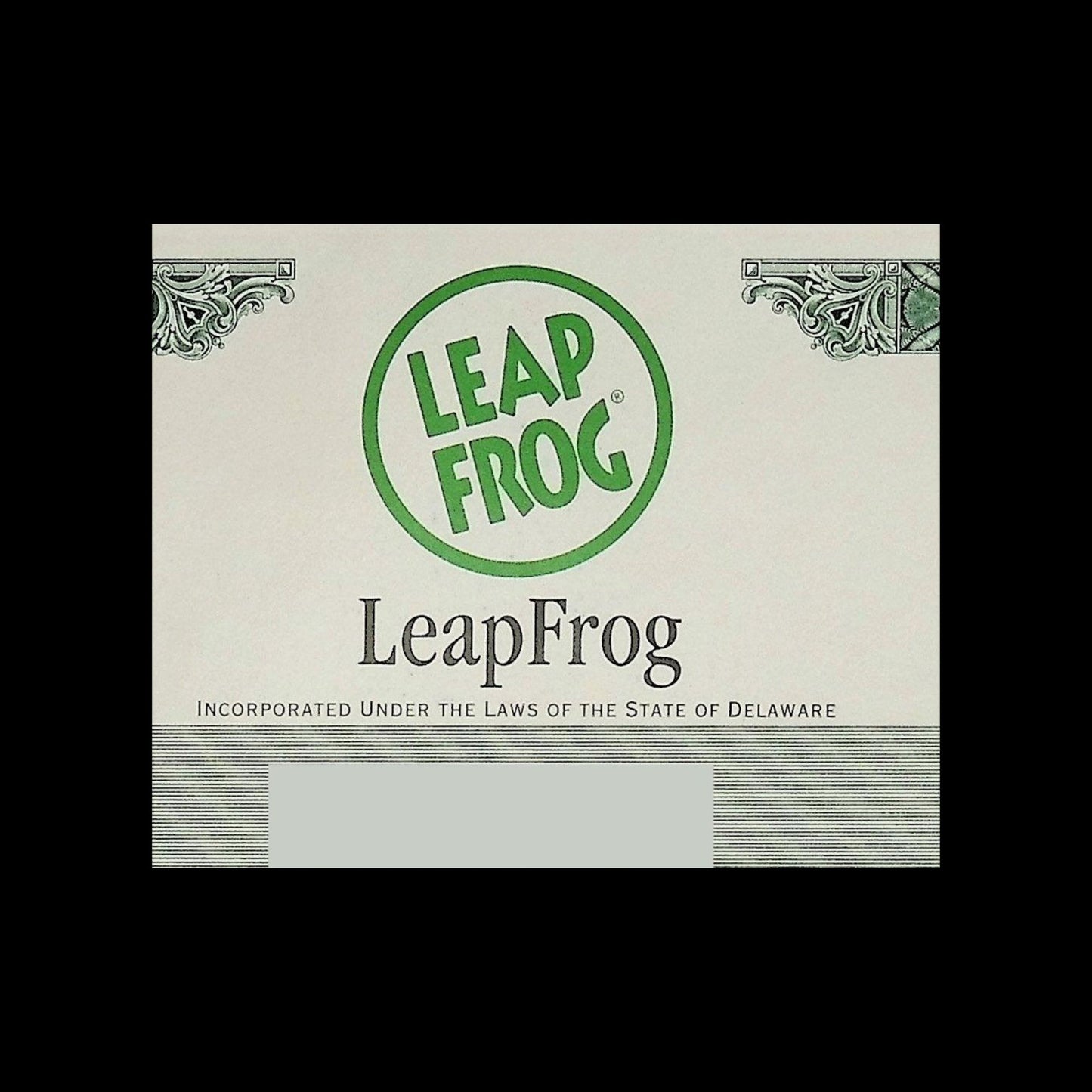 LeapFrog Stock Certificate from 2007 - Featuring colorful frogs