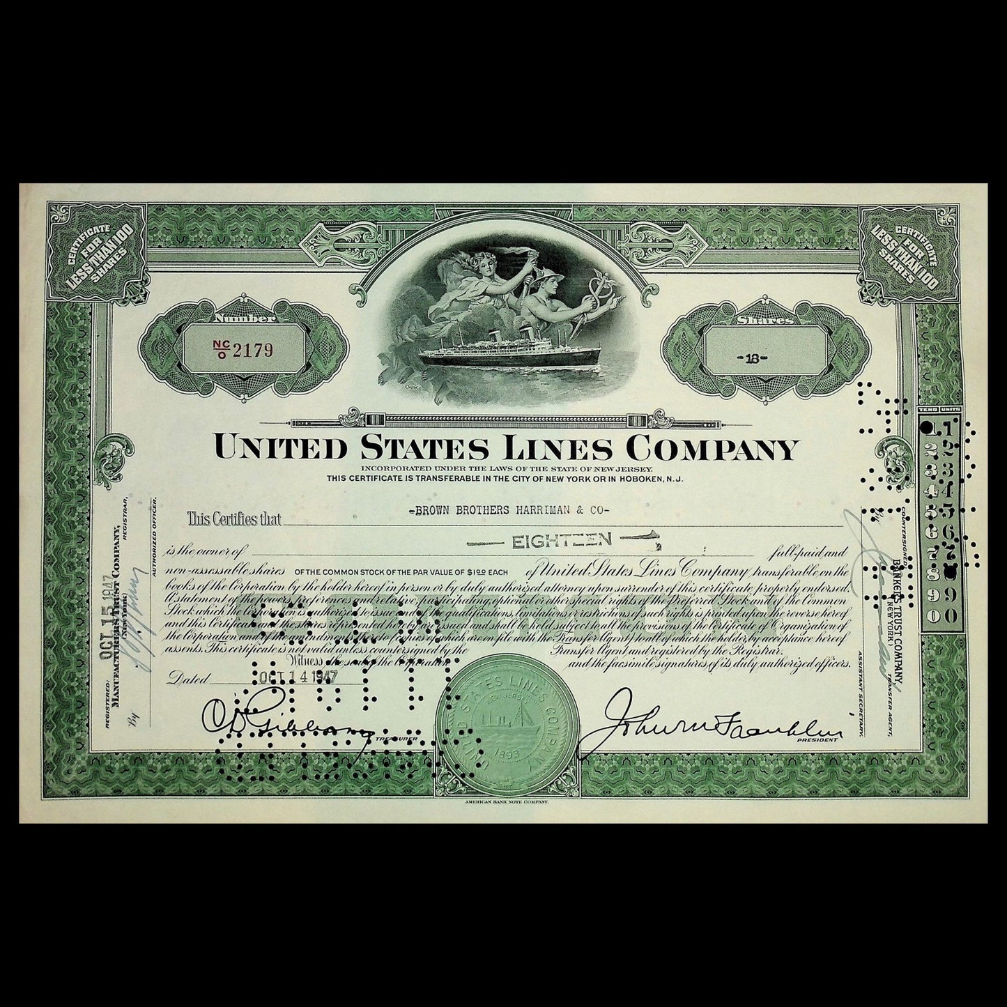 United States Lines (Maritime shipping) Company Stock Certificate from 1940s - Two colors