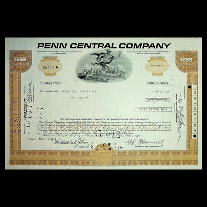 Penn Central Company Railroad Stock Certificate from 1960s/70s (4 color options)