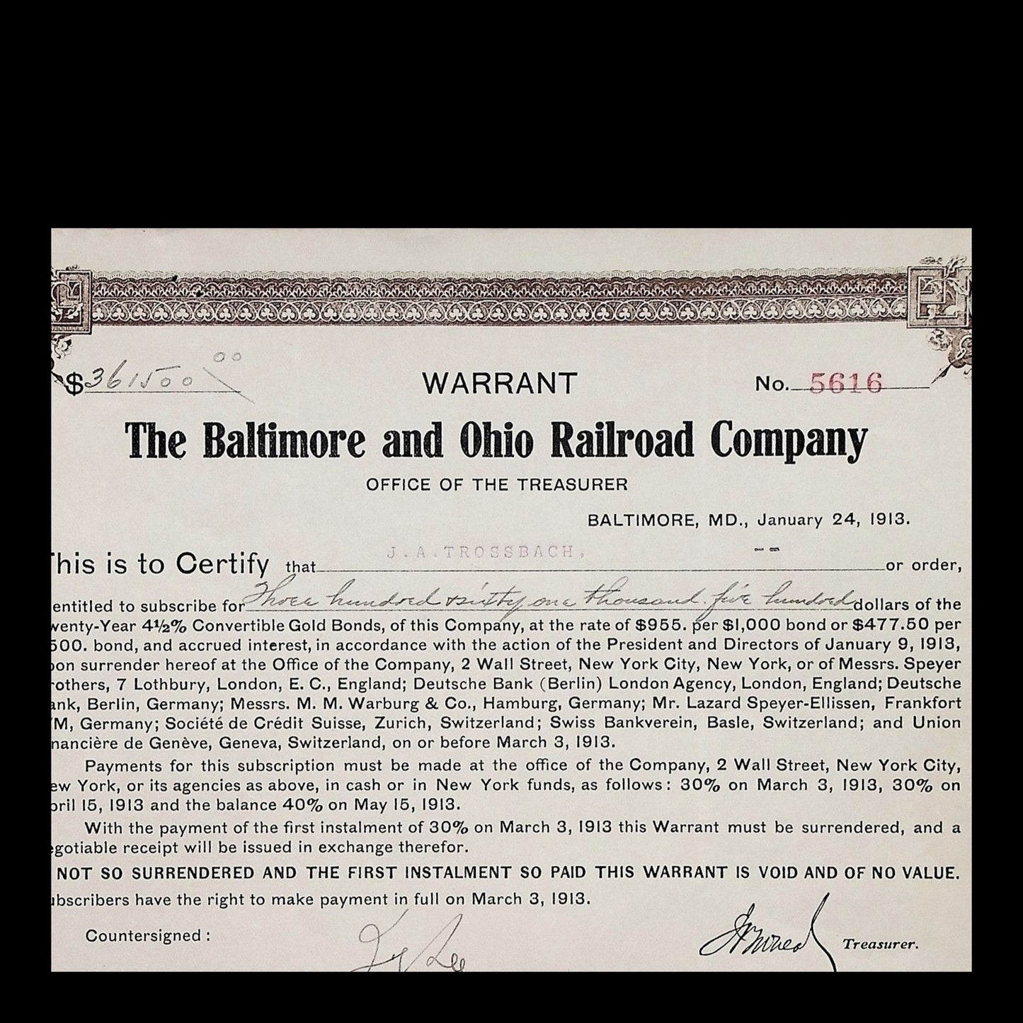 Baltimore and Ohio Railroad Company Warrant from 1913