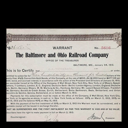 Baltimore and Ohio Railroad Company Warrant from 1913